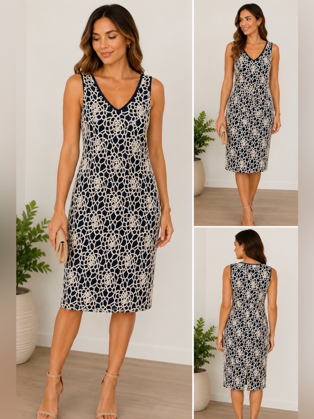 Ralph Lauren Navy Cream Crochet Lace Sheath Midi Dress Size 4P Petite